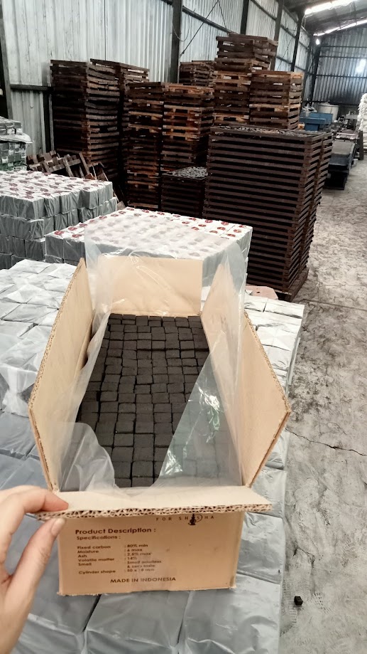 cubos de carbon de coco envasados a granel en caja master