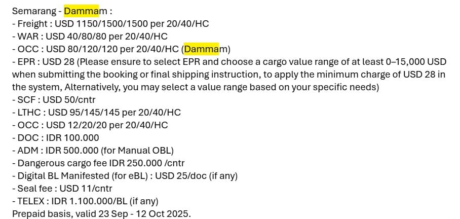example of price quotaton for shipping shisha charcoal from Semarang to Dammam