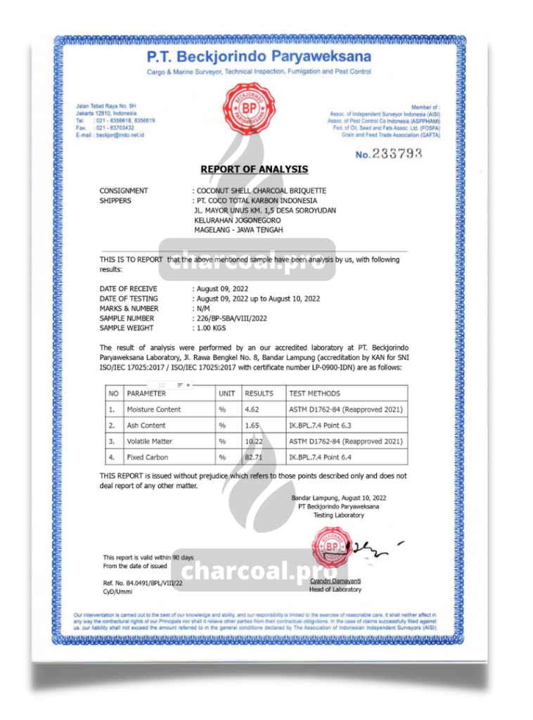 Certificat ROA briquettes de charbon de bois de coco pour shisha