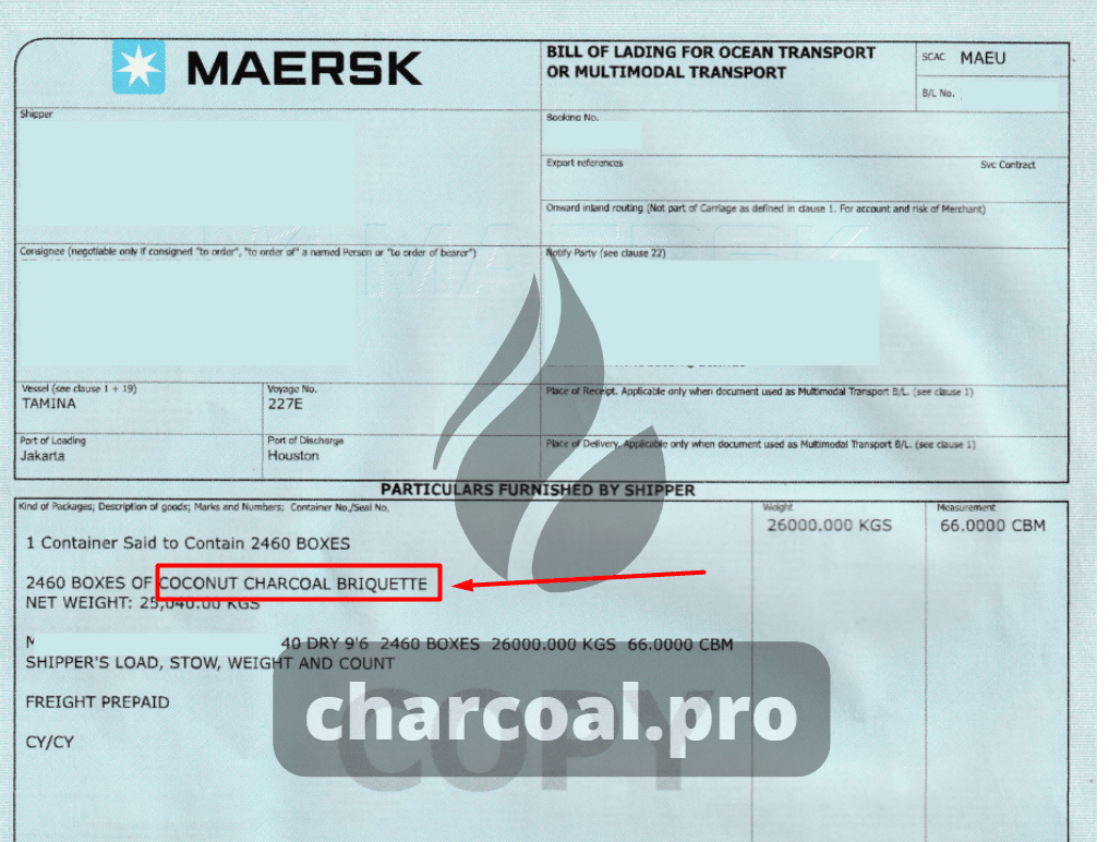 sample of bill of lading with coconut charcoal for shisha information