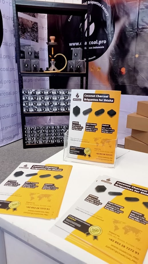 trade expo 2022 coconut charcoal briquettes factory stand at the exhibition with flyers and brochures