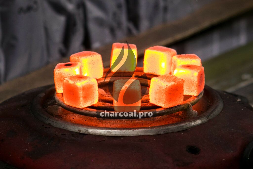 briquettes de charbon de bois en coquille de noix de coco sur la cuisinière