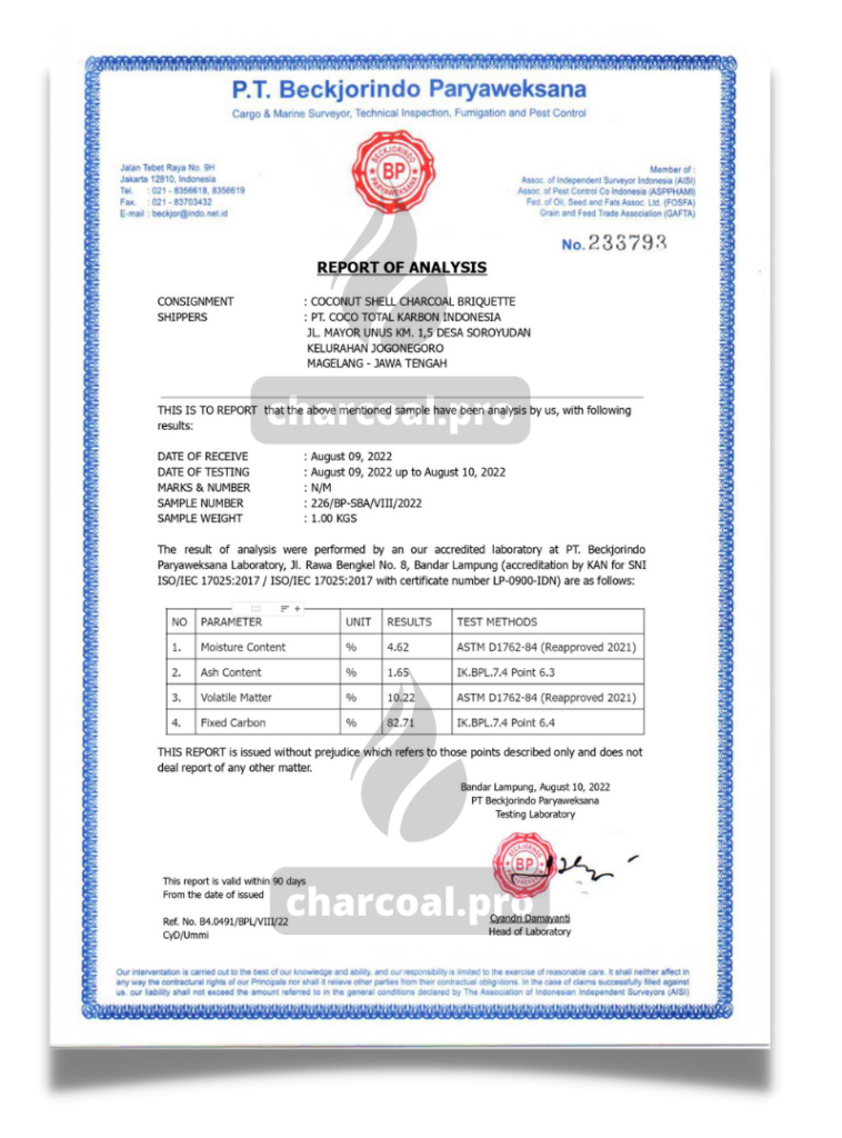 roa certificate of coconut charcoal briquettes quality