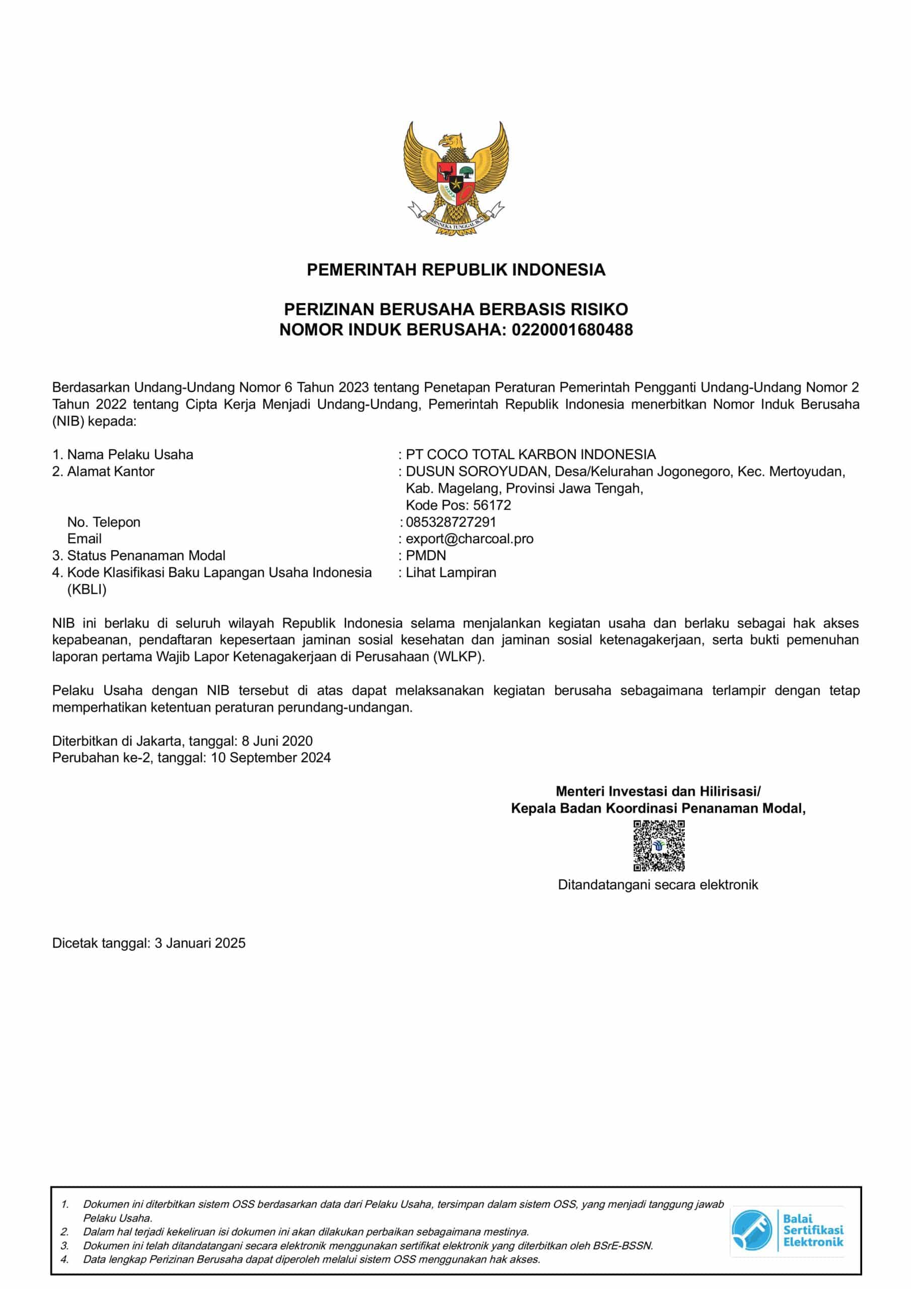 NIB PT Coco Total Karbon Indonesia